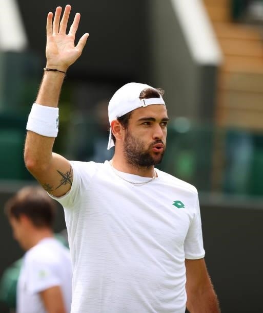 Matteo Berrettini of Italy celebrates victory during his men's singles third round match against Aljaz Bedene of Slovenia during Day Six of The...