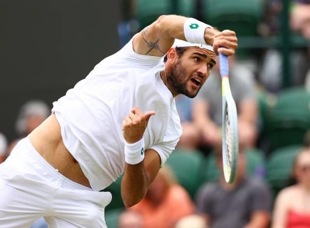 Matteo Berrettini of Italy serves during his men's singles third round match against Aljaz Bedene of Slovenia during Day Six of The Championships -...