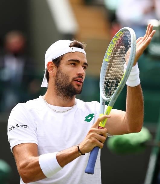 Matteo Berrettini of Italy celebrates victory during his men's singles third round match against Aljaz Bedene of Slovenia during Day Six of The...