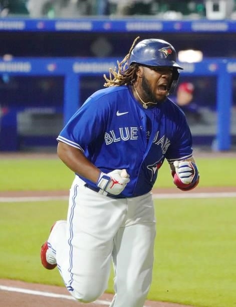 Vladimir Guerrero Jr. #27 of the Toronto Blue Jays after hitting a home run against the Tampa Bay Rays at Sahlen Field on July 2, 2021 in Buffalo,...