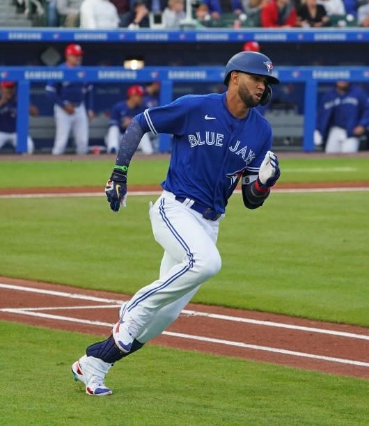 Lourdes Gurriel Jr. #13 of the Toronto Blue Jays during the game against the Tampa Bay Rays at Sahlen Field on July 2, 2021 in Buffalo, New York.