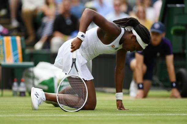 Coco Gauff of The United States falls to the ground during her Ladies' Singles third Round match against Kaja Juvan of Slovenia during Day Six of The...