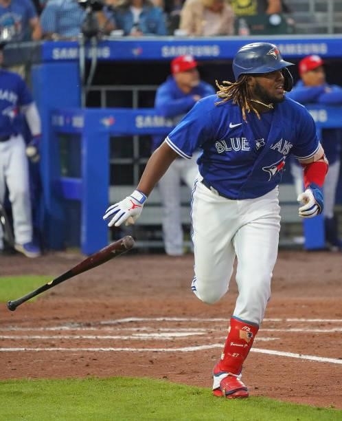 Vladimir Guerrero Jr. #27 of the Toronto Blue Jays during the game against the Tampa Bay Rays at Sahlen Field on July 2, 2021 in Buffalo, New York.