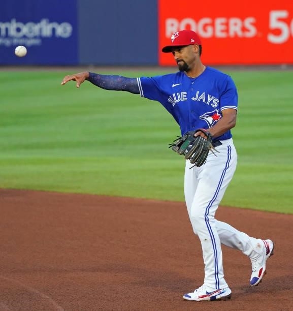 Marcus Semien of the Toronto Blue Jays during the game against the Tampa Bay Rays at Sahlen Field on July 2, 2021 in Buffalo, New York.