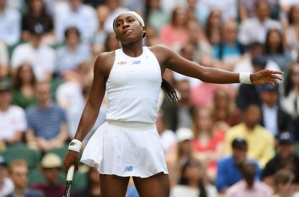 Coco Gauff of The United States reacts during her Ladies' Singles third Round match against Kaja Juvan of Slovenia during Day Six of The...