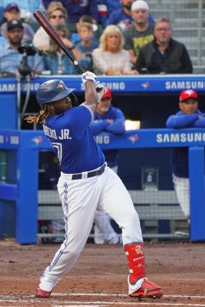 Vladimir Guerrero Jr. #27 of the Toronto Blue Jays during the game against the Tampa Bay Rays at Sahlen Field on July 2, 2021 in Buffalo, New York.