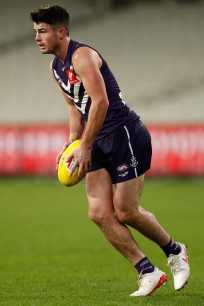 Andrew Brayshaw of the Dockers runs with the ball during the round 16 AFL match between Fremantle Dockers and Carlton Blues at the Melbourne Cricket...