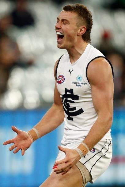 Patrick Cripps of the Blues reacts after dropping a mark during the round 16 AFL match between Fremantle Dockers and Carlton Blues at the Melbourne...