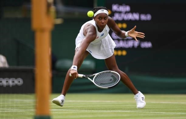 Coco Gauff of The United States hits a backhand during her Ladies' Singles third Round match against Kaja Juvan of Slovenia during Day Six of The...