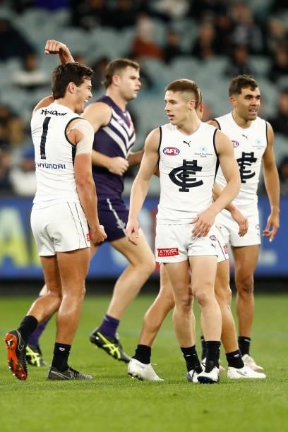 Jack Silvagni of the Blues celebrates a goal during the round 16 AFL match between Fremantle Dockers and Carlton Blues at the Melbourne Cricket...