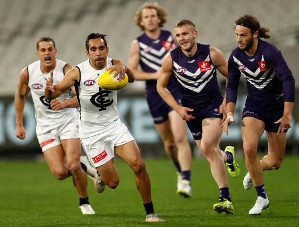 Eddie Betts of the Blues kicks the ball during the round 16 AFL match between Fremantle Dockers and Carlton Blues at the Melbourne Cricket Ground on...