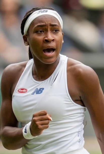 Coco Gauff of The United States celebrates a point during her Ladies' Singles third Round match against Kaja Juvan of Slovenia during Day Six of The...
