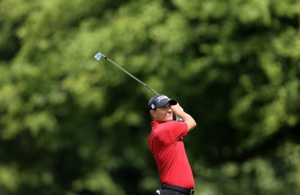 Jason Scrivener of Australia plays his second shot on the 2nd hole during Day Three of The Dubai Duty Free Irish Open at Mount Juliet Golf Club on...
