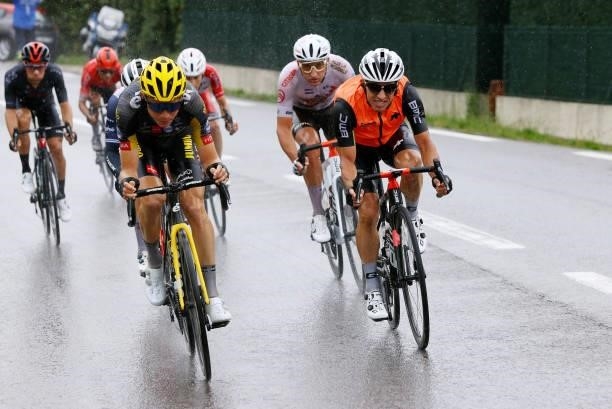 Sepp Kuss of The United States and Team Jumbo-Visma & Sergio Henao of Colombia and Team Qhubeka NextHash during the 108th Tour de France 2021, Stage...