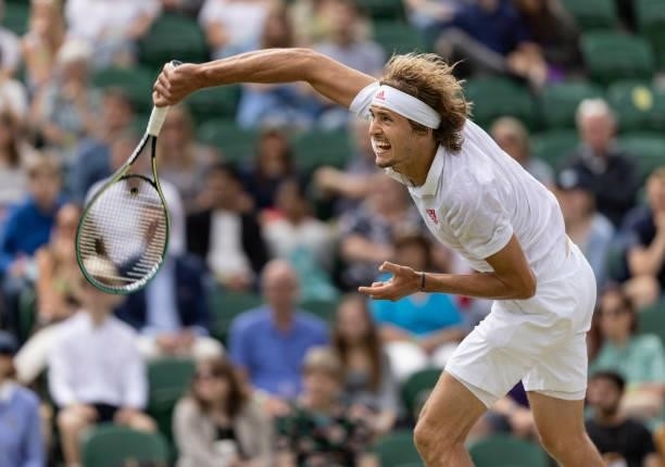Alexander Zverev of Germany serves during his men's singles third round match against Taylor Fritz of United States during Day Six of The...