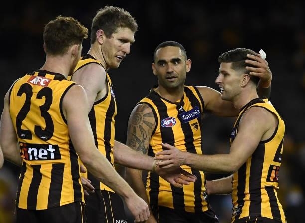 Shaun Burgoyne and Luke Breust of the Hawks celebrate a goal during the round 16 AFL match between Hawthorn Hawks and Port Adelaide Power at Marvel...