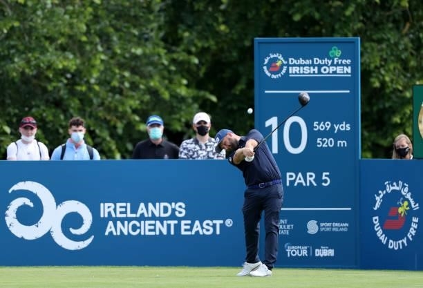 Andy Sullivan of England tees off on the 10th hole during Day Three of The Dubai Duty Free Irish Open at Mount Juliet Golf Club on July 03, 2021 in...