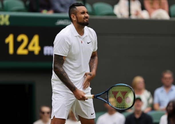 Nick Kyrgios of Australia reacts during his men's singles third round match against Felix Auger Aliassime of Canada during Day Six of The...