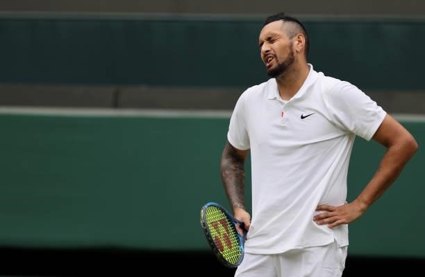Nick Kyrgios of Australia reacts during his men's singles third round match against Felix Auger Aliassime of Canada during Day Six of The...