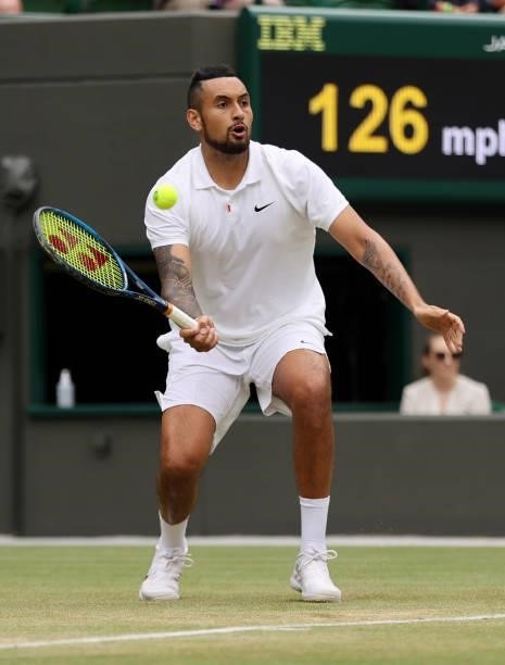 Nick Kyrgios of Australia plays a forehand during his men's singles third round match against Felix Auger Aliassime of Canada during Day Six of The...