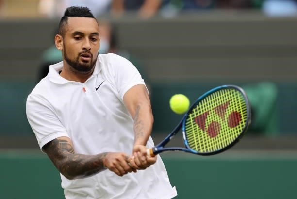 Nick Kyrgios of Australia plays a backhand during his men's singles third round match against Felix Auger Aliassime of Canada during Day Six of The...