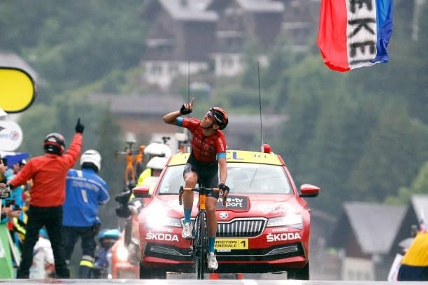 Dylan Teuns of Belgium and Team Bahrain - Victorious celebrates at arrival during the 108th Tour de France 2021, Stage 8 a 150,8km stage from Oyonnax...
