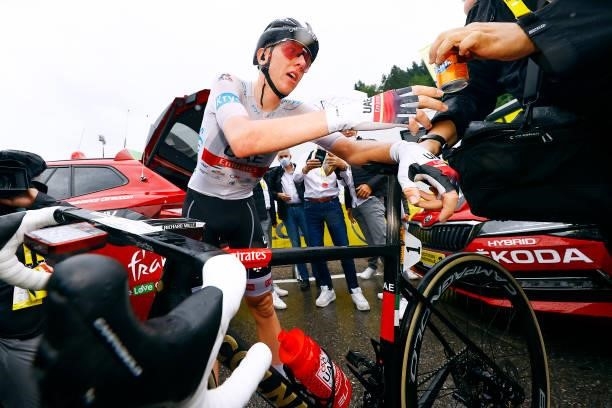 Tadej Pogačar of Slovenia and UAE-Team Emirates White Best Young Rider Jersey celebrates at arrival during the 108th Tour de France 2021, Stage 8 a...