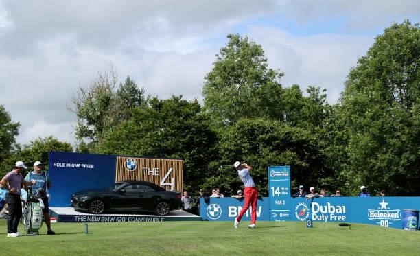 Johannes Veerman of United States tees off on the 14th hole during Day Three of The Dubai Duty Free Irish Open at Mount Juliet Golf Club on July 03,...
