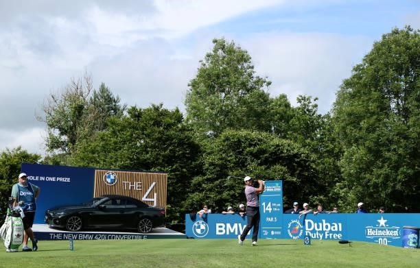 Adrian Otaegui of Spain tees off on the 14th hole during Day Three of The Dubai Duty Free Irish Open at Mount Juliet Golf Club on July 03, 2021 in...
