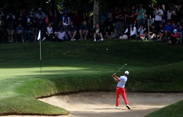 Johannes Veerman of United States plays from the greenside bunker on the 14th hole during Day Three of The Dubai Duty Free Irish Open at Mount Juliet...