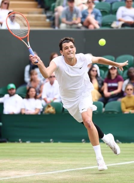 Taylor Fritz of United States plays a forehand during his men's singles third round match against Alexander Zverev of Germany during Day Six of The...