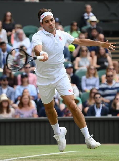 Roger Federer of Switzerland plays a forehand during his men's singles third round match against Cameron Norrie of Great Britain during Day Six of...
