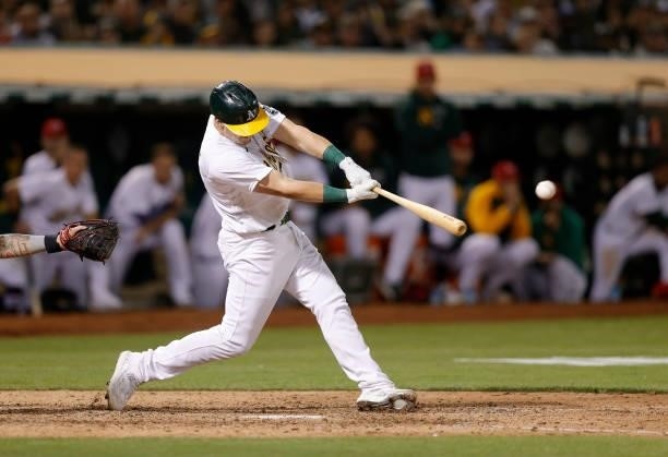 Sean Murphy of the Oakland Athletics bats against the Boston Red Sox at RingCentral Coliseum on July 02, 2021 in Oakland, California.