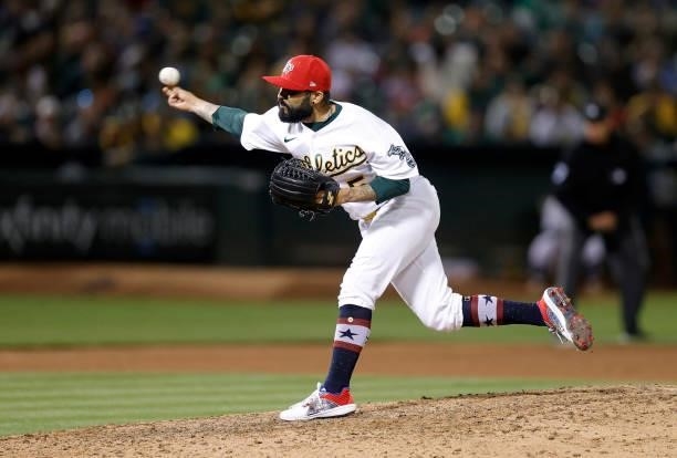 Sergio Romo of the Oakland Athletics pitches against the Boston Red Sox at RingCentral Coliseum on July 02, 2021 in Oakland, California.