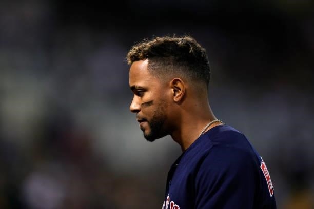 Xander Bogaerts of the Boston Red Sox walks back to the dugout against the Oakland Athletics at RingCentral Coliseum on July 02, 2021 in Oakland,...