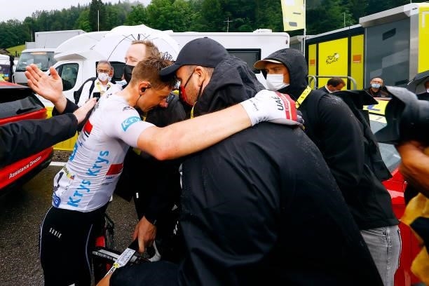 Tadej Pogačar of Slovenia and UAE-Team Emirates White Best Young Rider Jersey celebrates at arrival during the 108th Tour de France 2021, Stage 8 a...