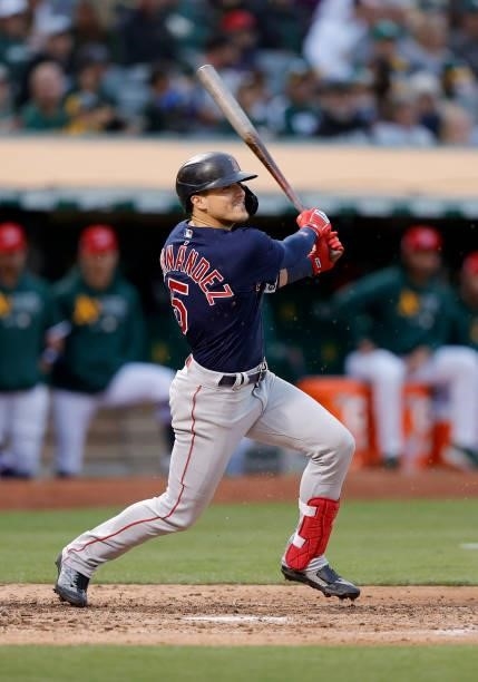 Enrique Hernandez of the Boston Red Sox bats against the Oakland Athletics at RingCentral Coliseum on July 02, 2021 in Oakland, California.