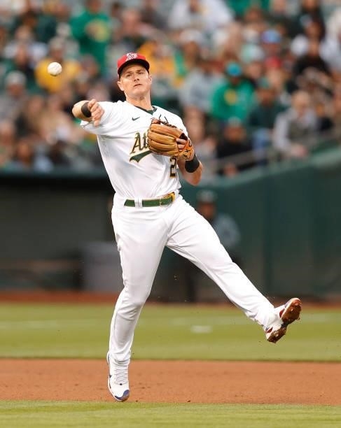 Matt Chapman of the Oakland Athletics throws to first base against the Boston Red Sox at RingCentral Coliseum on July 02, 2021 in Oakland, California.