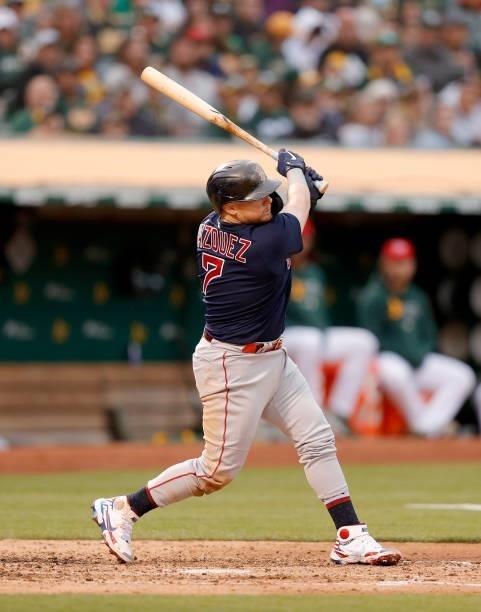 Christian Vazquez of the Boston Red Sox bats against the Oakland Athletics at RingCentral Coliseum on July 02, 2021 in Oakland, California.