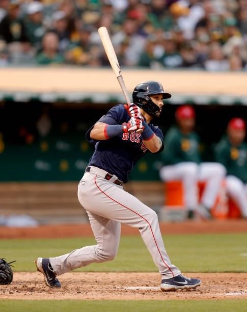 Marwin Gonzalez of the Boston Red Sox bats against the Oakland Athletics at RingCentral Coliseum on July 02, 2021 in Oakland, California.