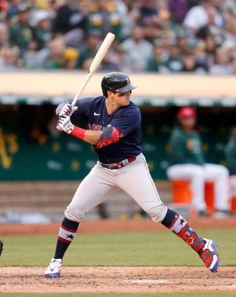 Hunter Renfroe of the Boston Red Sox bats against the Oakland Athletics at RingCentral Coliseum on July 02, 2021 in Oakland, California.