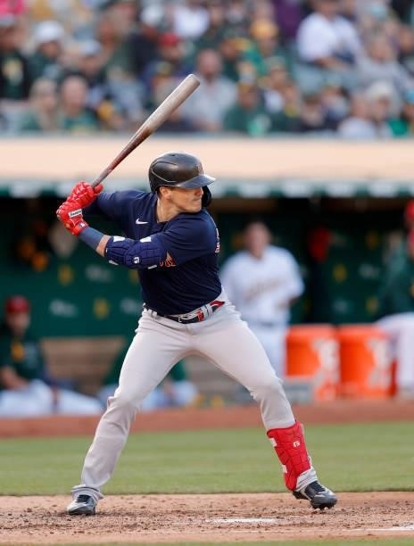 Enrique Hernandez of the Boston Red Sox bats against the Oakland Athletics at RingCentral Coliseum on July 02, 2021 in Oakland, California.