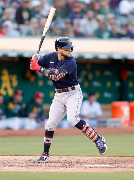 Michael Chavis of the Boston Red Sox bats against the Oakland Athletics at RingCentral Coliseum on July 02, 2021 in Oakland, California.