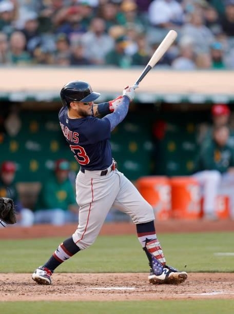 Michael Chavis of the Boston Red Sox bats against the Oakland Athletics at RingCentral Coliseum on July 02, 2021 in Oakland, California.