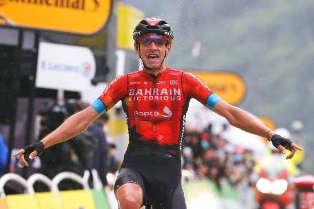 Dylan Teuns of Belgium and Team Bahrain - Victorious celebrates at arrival during the 108th Tour de France 2021, Stage 8 a 150,8km stage from Oyonnax...