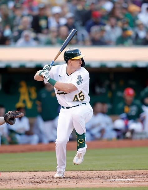 Frank Schwindel of the Oakland Athletics bats against the Boston Red Sox at RingCentral Coliseum on July 02, 2021 in Oakland, California.