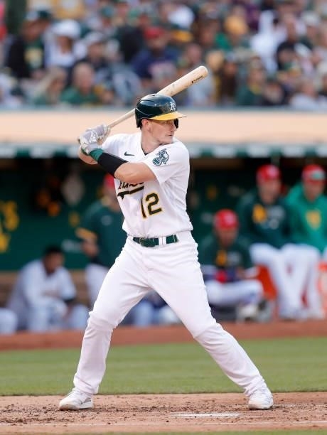 Sean Murphy of the Oakland Athletics bats against the Boston Red Sox at RingCentral Coliseum on July 02, 2021 in Oakland, California.