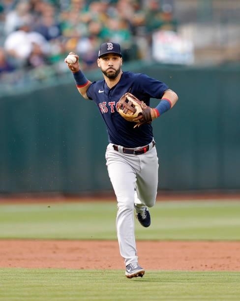 Marwin Gonzalez of the Boston Red Sox throws to first base against the Oakland Athletics at RingCentral Coliseum on July 02, 2021 in Oakland,...