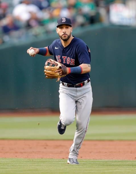 Marwin Gonzalez of the Boston Red Sox throws to first base against the Oakland Athletics at RingCentral Coliseum on July 02, 2021 in Oakland,...
