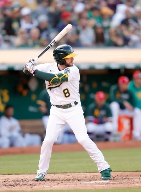 Jed Lowrie of the Oakland Athletics bats against the Boston Red Sox at RingCentral Coliseum on July 02, 2021 in Oakland, California.